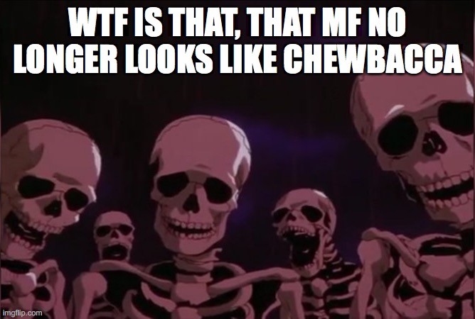 Berserk skeleton | WTF IS THAT, THAT MF NO LONGER LOOKS LIKE CHEWBACCA | image tagged in berserk skeleton | made w/ Imgflip meme maker