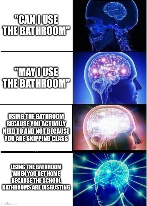 why do my classmate always try to skip class? | "CAN I USE THE BATHROOM"; "MAY I USE THE BATHROOM"; USING THE BATHROOM BECAUSE YOU ACTUALLY NEED TO AND NOT BECAUSE YOU ARE SKIPPING CLASS; USING THE BATHROOM WHEN YOU GET HOME BECAUSE THE SCHOOL BATHROOMS ARE DISGUSTING | image tagged in memes,expanding brain,school | made w/ Imgflip meme maker