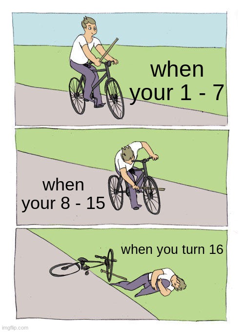 when you grow older | when your 1 - 7; when your 8 - 15; when you turn 16 | image tagged in memes,bike fall | made w/ Imgflip meme maker