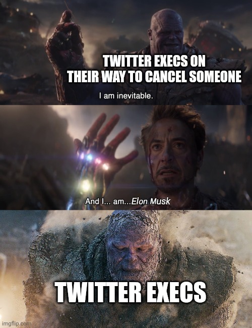 Musk fires staff | TWITTER EXECS ON THEIR WAY TO CANCEL SOMEONE; El        usk; TWITTER EXECS | image tagged in i am inevitable i am ironman,elon musk buying twitter,you're fired,thanos | made w/ Imgflip meme maker