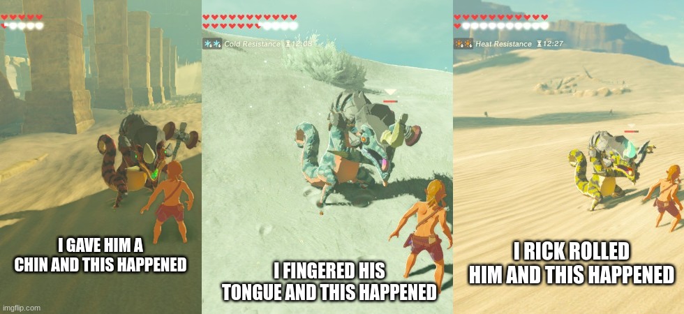 insults | I RICK ROLLED HIM AND THIS HAPPENED; I FINGERED HIS TONGUE AND THIS HAPPENED; I GAVE HIM A CHIN AND THIS HAPPENED | image tagged in the legend of zelda breath of the wild | made w/ Imgflip meme maker