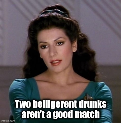 Counselor Deanna Troi | Two belligerent drunks
aren't a good match | image tagged in counselor deanna troi | made w/ Imgflip meme maker