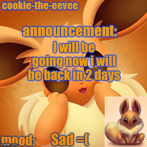 Be back soon | I will be going now i will be back in 2 days; Sad =( | image tagged in cookie-the-eevee announcement temp | made w/ Imgflip meme maker