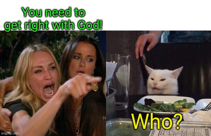 Woman Yelling At Cat | You need to get right with God! Who? | image tagged in memes,woman yelling at cat | made w/ Imgflip meme maker