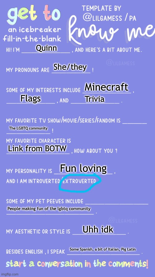 I’m back from my little trip! | Quinn; She/they; Minecraft; Flags; Trivia; The LGBTQ community; Link from BOTW; Fun loving; People making fun of the lgbtq community; Uhh idk; Some Spanish, a bit of Italian, Pig Latin | image tagged in get to know fill in the blank | made w/ Imgflip meme maker