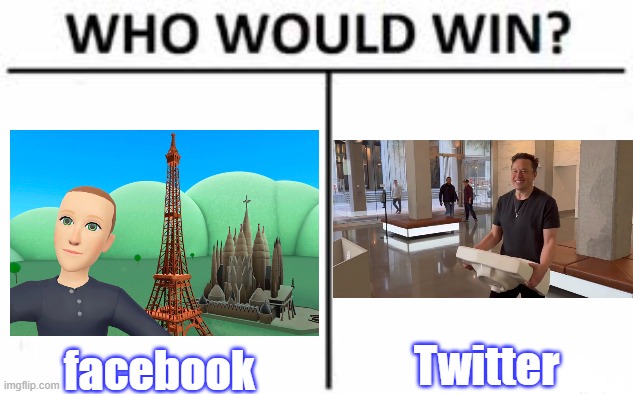 The battle of the Big Brothers begins! | facebook; Twitter | image tagged in who would win,oligarchy,social media,free speech,and everybody loses their minds | made w/ Imgflip meme maker