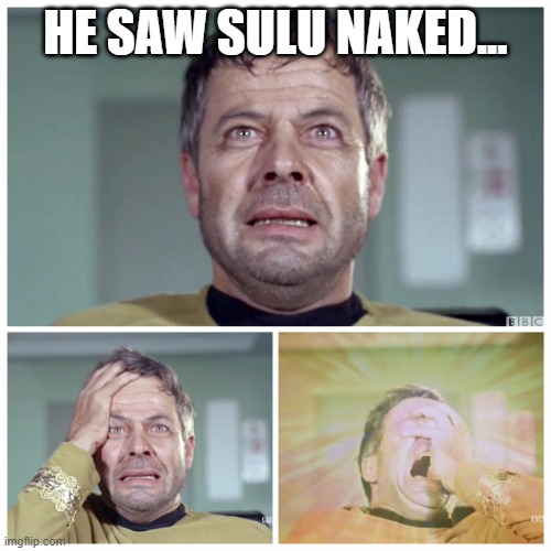 Whoops | HE SAW SULU NAKED... | image tagged in star trek commodore decker panicking | made w/ Imgflip meme maker