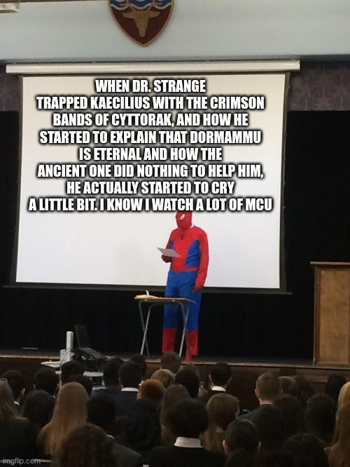 Spiderman Presentation | WHEN DR. STRANGE TRAPPED KAECILIUS WITH THE CRIMSON BANDS OF CYTTORAK, AND HOW HE STARTED TO EXPLAIN THAT DORMAMMU IS ETERNAL AND HOW THE ANCIENT ONE DID NOTHING TO HELP HIM, HE ACTUALLY STARTED TO CRY A LITTLE BIT. I KNOW I WATCH A LOT OF MCU | image tagged in spiderman presentation | made w/ Imgflip meme maker