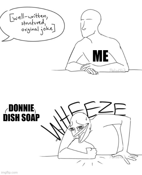 My sense of humor basically. | ME; DONNIE
DISH SOAP | image tagged in wheeze | made w/ Imgflip meme maker