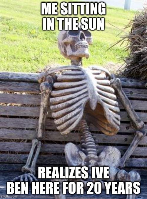 such a bad sunburn | ME SITTING IN THE SUN; REALIZES IVE BEN HERE FOR 20 YEARS | image tagged in memes,waiting skeleton | made w/ Imgflip meme maker