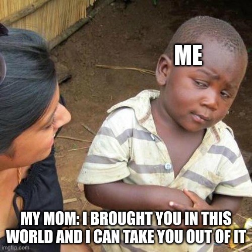 what does that mean??????? | ME; MY MOM: I BROUGHT YOU IN THIS WORLD AND I CAN TAKE YOU OUT OF IT | image tagged in memes,third world skeptical kid | made w/ Imgflip meme maker