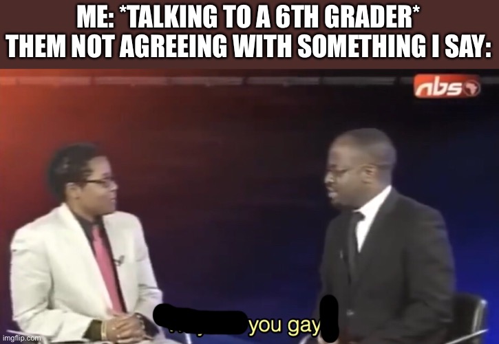 You gay | ME: *TALKING TO A 6TH GRADER*
THEM NOT AGREEING WITH SOMETHING I SAY: | image tagged in why are you gay,why are you reading this | made w/ Imgflip meme maker