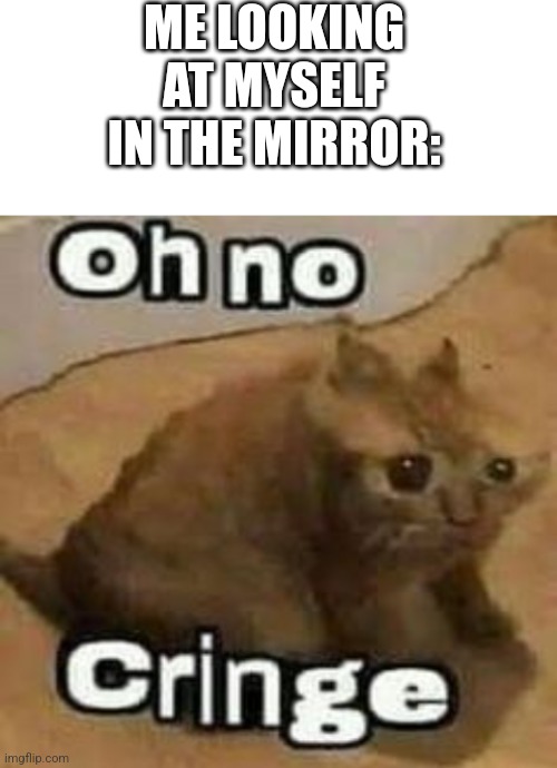 oH nO uGly mE = cRiNgE | ME LOOKING AT MYSELF IN THE MIRROR: | image tagged in blank white template,oh no cringe | made w/ Imgflip meme maker