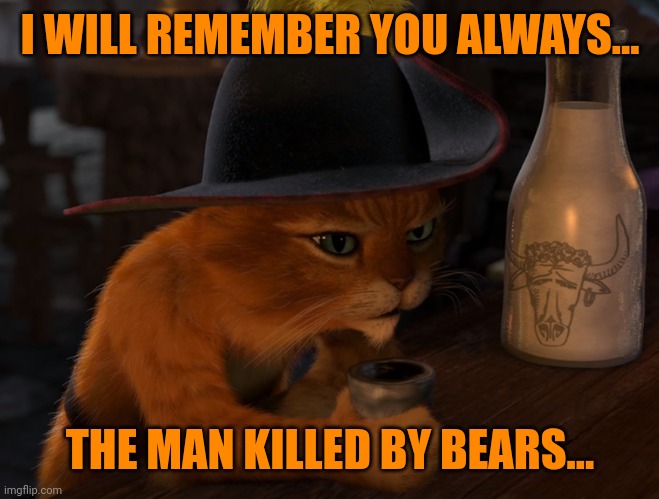 gato con botas | I WILL REMEMBER YOU ALWAYS... THE MAN KILLED BY BEARS... | image tagged in gato con botas | made w/ Imgflip meme maker