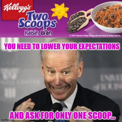 AND ASK FOR ONLY ONE SCOOP... YOU NEED TO LOWER YOUR EXPECTATIONS | image tagged in stupid joe biden | made w/ Imgflip meme maker