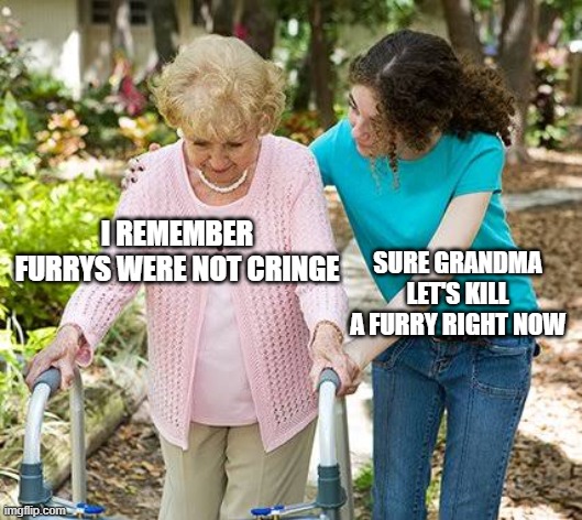Sure grandma let's get you to bed | I REMEMBER FURRYS WERE NOT CRINGE; SURE GRANDMA LET'S KILL A FURRY RIGHT NOW | image tagged in sure grandma let's get you to bed,furry | made w/ Imgflip meme maker