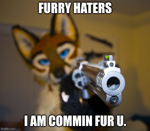 Furry with gun | FURRY HATERS; I AM COMMIN FUR U. | image tagged in furry with gun | made w/ Imgflip meme maker