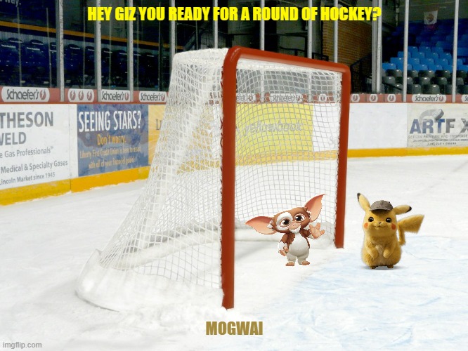gizmo's 1st game of hockey | HEY GIZ YOU READY FOR A ROUND OF HOCKEY? MOGWAI | image tagged in hockey goal,warner bros,sports,gizmo | made w/ Imgflip meme maker