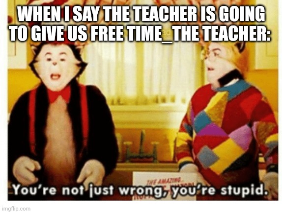 Every day | WHEN I SAY THE TEACHER IS GOING TO GIVE US FREE TIME_THE TEACHER: | image tagged in you're not just wrong your stupid | made w/ Imgflip meme maker