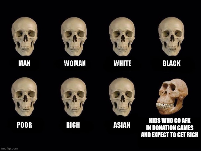 empty skulls of truth | KIDS WHO GO AFK IN DONATION GAMES AND EXPECT TO GET RICH | image tagged in empty skulls of truth | made w/ Imgflip meme maker