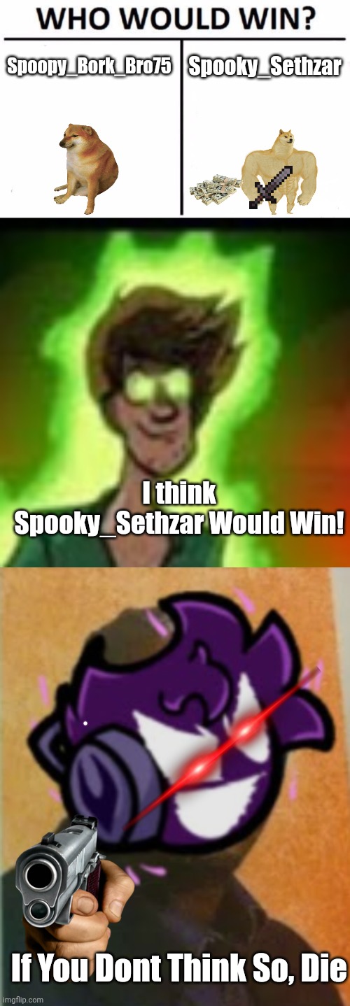 Spoopy_Bork_Bro75; Spooky_Sethzar; I think Spooky_Sethzar Would Win! If You Dont Think So, Die | image tagged in memes,who would win | made w/ Imgflip meme maker