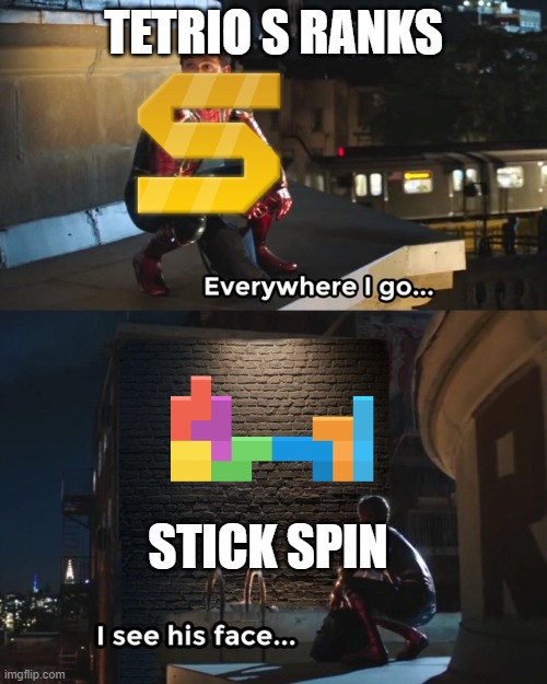 Tetrio Life as a S rank player | TETRIO S RANKS; STICK SPIN | image tagged in everywhere i go i see his face,tetris,tetrio,stick spin | made w/ Imgflip meme maker