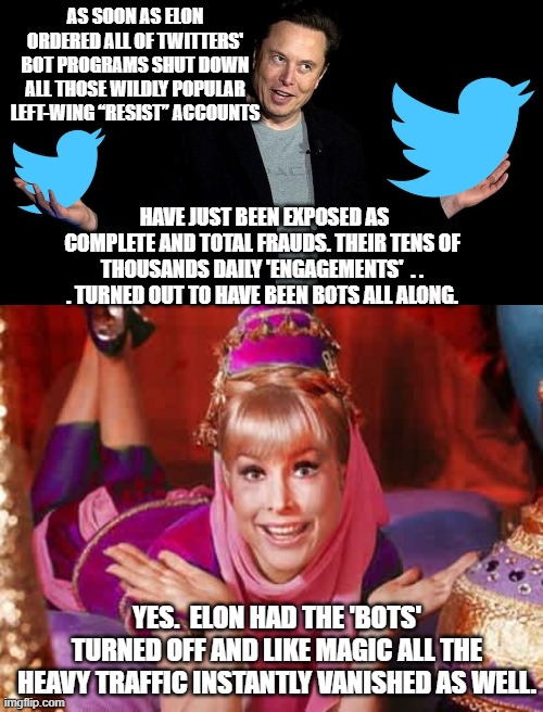 One wonders now if there ever really was anything to Twitter aside from being a leftist propaganda machine. | AS SOON AS ELON ORDERED ALL OF TWITTERS' BOT PROGRAMS SHUT DOWN ALL THOSE WILDLY POPULAR LEFT-WING “RESIST” ACCOUNTS; HAVE JUST BEEN EXPOSED AS COMPLETE AND TOTAL FRAUDS. THEIR TENS OF THOUSANDS DAILY 'ENGAGEMENTS'  . . . TURNED OUT TO HAVE BEEN BOTS ALL ALONG. YES.  ELON HAD THE 'BOTS' TURNED OFF AND LIKE MAGIC ALL THE HEAVY TRAFFIC INSTANTLY VANISHED AS WELL. | image tagged in reality | made w/ Imgflip meme maker