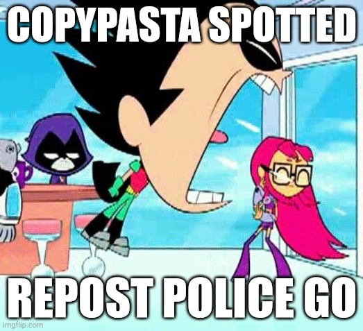 robin yelling at starfire | COPYPASTA SPOTTED REPOST POLICE GO | image tagged in robin yelling at starfire | made w/ Imgflip meme maker