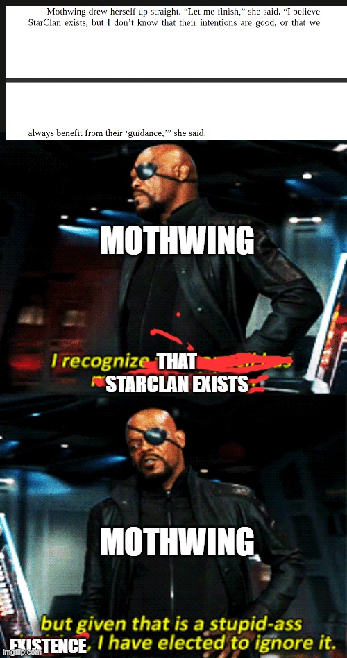 mothwing | MOTHWING; THAT STARCLAN EXISTS; MOTHWING; EXISTENCE | image tagged in nick fury stupid-ass decision | made w/ Imgflip meme maker