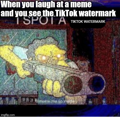 I spot a watermark! | When you laugh at a meme and you see the TikTok watermark; TIKTOK WATERMARK | image tagged in i spot a x,memes,funny | made w/ Imgflip meme maker