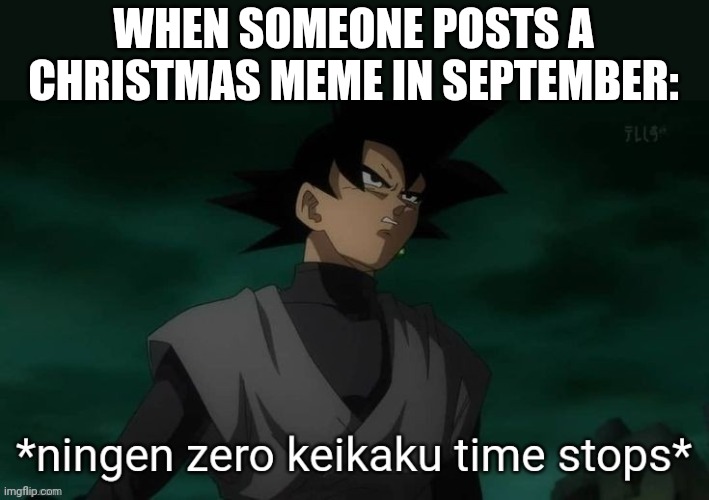ningen zero keikaku time stops | WHEN SOMEONE POSTS A CHRISTMAS MEME IN SEPTEMBER: | image tagged in ningen zero keikaku time stops | made w/ Imgflip meme maker