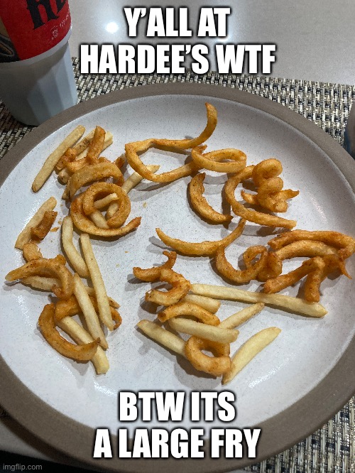 Wtf Hardee’s they skimped on fries and didnt give me alot of curly fries | Y’ALL AT HARDEE’S WTF; BTW ITS A LARGE FRY | image tagged in fun,fun stream,french fries,memes,fresh memes | made w/ Imgflip meme maker