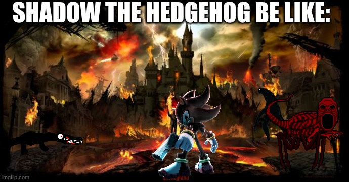 shadow 2005 | SHADOW THE HEDGEHOG BE LIKE: | image tagged in burning city | made w/ Imgflip meme maker