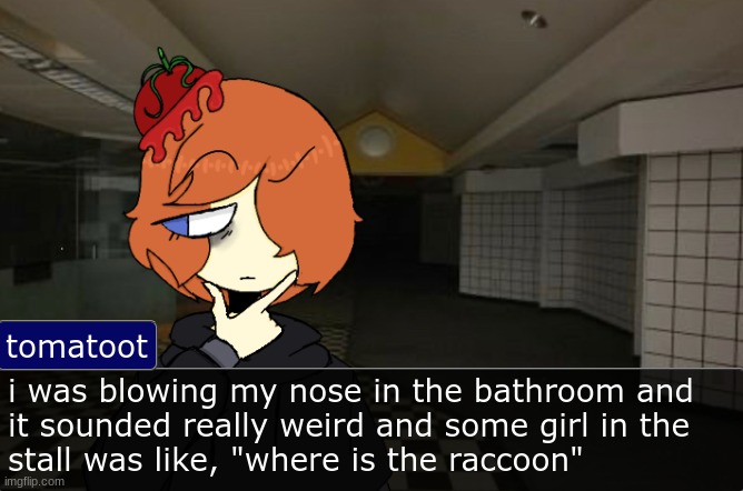 Tomato thinking template | i was blowing my nose in the bathroom and 
it sounded really weird and some girl in the
stall was like, "where is the raccoon" | image tagged in tomato thinking template | made w/ Imgflip meme maker