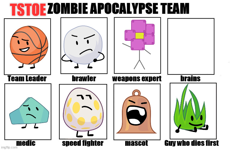 TPOT zombie apocalypse: The Strongest Team on Earth |  TSTOE | image tagged in my zombie apocalypse team,bfb | made w/ Imgflip meme maker