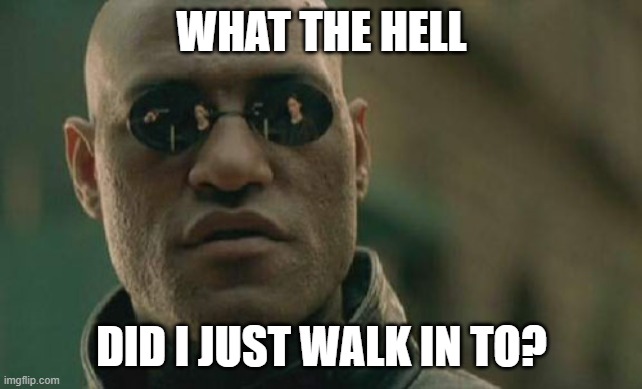 Matrix Morpheus Meme | WHAT THE HELL DID I JUST WALK IN TO? | image tagged in memes,matrix morpheus | made w/ Imgflip meme maker