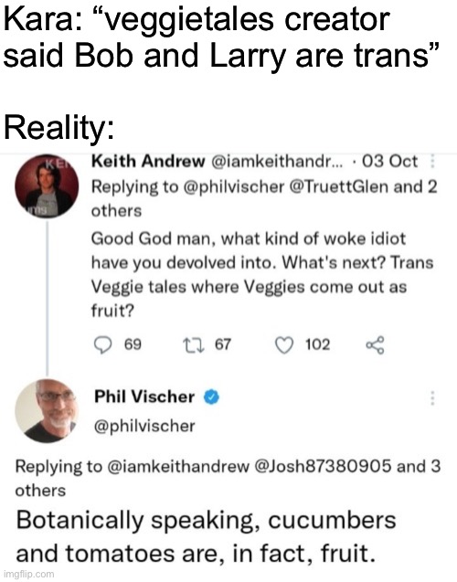 Kara: “veggietales creator
said Bob and Larry are trans”
 
Reality: | made w/ Imgflip meme maker