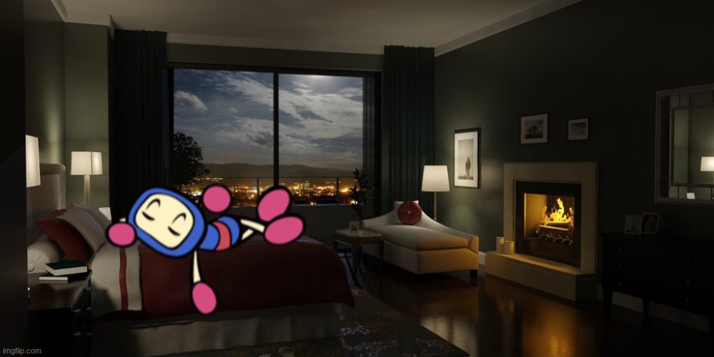 He's asleep | image tagged in night bedroom | made w/ Imgflip meme maker