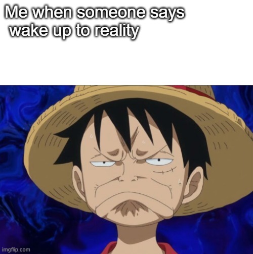 One Piece Luffy Pout | Me when someone says
 wake up to reality | image tagged in one piece luffy pout,lol so funny | made w/ Imgflip meme maker