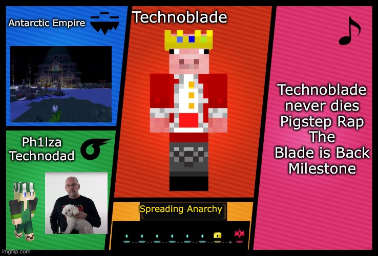 Smash Ultimate DLC fighter profile | Antarctic Empire; Technoblade; Technoblade never dies
Pigstep Rap
The Blade is Back
Milestone; Ph1lza
Technodad; Spreading Anarchy | image tagged in smash ultimate dlc fighter profile | made w/ Imgflip meme maker
