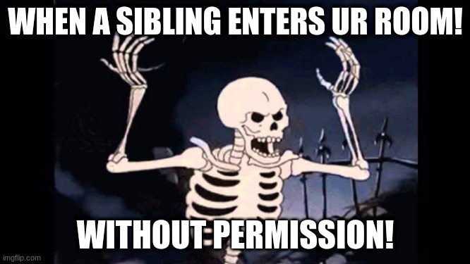 When siblings enter ur room! | WHEN A SIBLING ENTERS UR ROOM! WITHOUT PERMISSION! | image tagged in angry skeleton | made w/ Imgflip meme maker