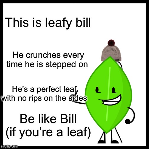 Be Like Bill Meme | This is leafy bill; He crunches every time he is stepped on; He’s a perfect leaf with no rips on the sides; Be like Bill (if you’re a leaf) | image tagged in memes,be like bill | made w/ Imgflip meme maker
