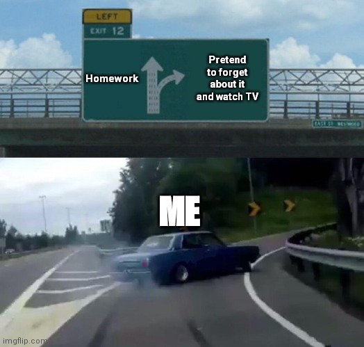 Homework | Homework; Pretend to forget about it and watch TV; ME | image tagged in memes,left exit 12 off ramp | made w/ Imgflip meme maker