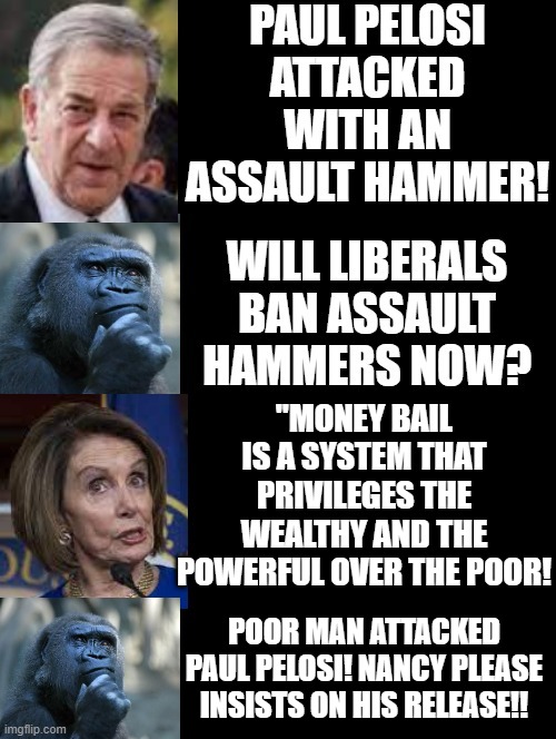 "Money bail is a system that privileges the wealthy and the powerful over the poor! | "MONEY BAIL IS A SYSTEM THAT PRIVILEGES THE WEALTHY AND THE POWERFUL OVER THE POOR! POOR MAN ATTACKED PAUL PELOSI! NANCY PLEASE INSISTS ON HIS RELEASE!! | image tagged in stupid liberals,morons,bail,idiots,do you are have stupid | made w/ Imgflip meme maker