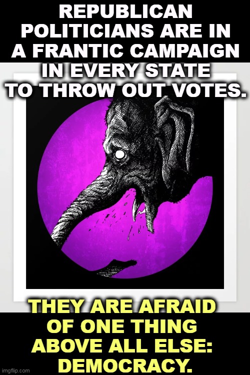 The "consent of the governed" scares them. They'll never get it on their own. | REPUBLICAN POLITICIANS ARE IN A FRANTIC CAMPAIGN IN EVERY STATE TO THROW OUT VOTES. THEY ARE AFRAID 
OF ONE THING 
ABOVE ALL ELSE: 
DEMOCRACY. | image tagged in republicans,hate,democracy,voting,america | made w/ Imgflip meme maker