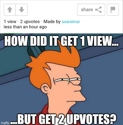 How tho?? | HOW DID IT GET 1 VIEW... ...BUT GET 2 UPVOTES? | image tagged in memes,futurama fry | made w/ Imgflip meme maker