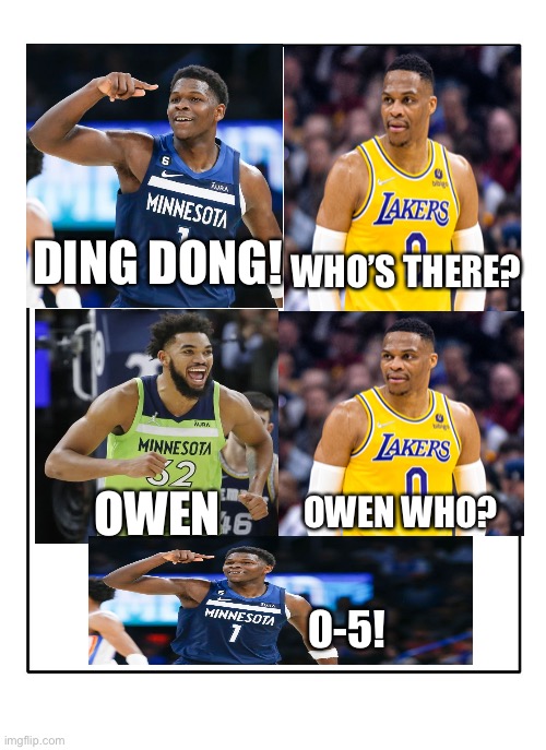2022 Lakers 0-5 | DING DONG! WHO’S THERE? OWEN; OWEN WHO? 0-5! | image tagged in blank template,memes,nba,sports,funny memes | made w/ Imgflip meme maker