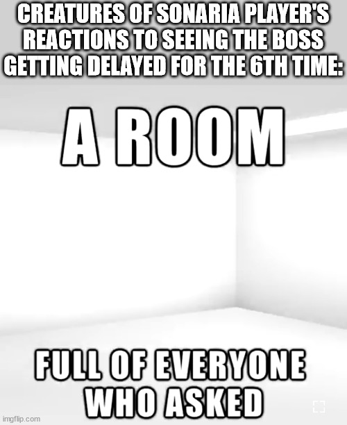 A room | CREATURES OF SONARIA PLAYER'S REACTIONS TO SEEING THE BOSS GETTING DELAYED FOR THE 6TH TIME: | image tagged in a room | made w/ Imgflip meme maker
