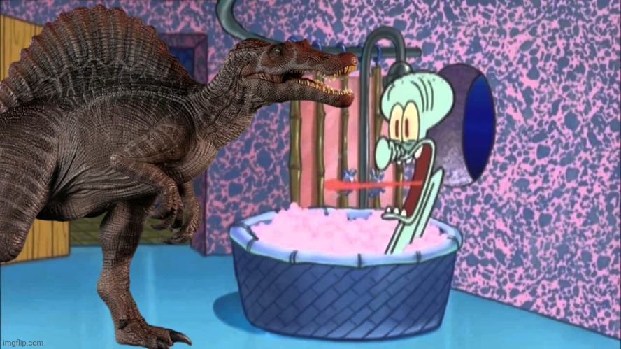 Looks like Squidward has a new visitor.mp3 | image tagged in jurassic park,jurassic world,dinosaur,squidward,spongebob,crossover | made w/ Imgflip meme maker
