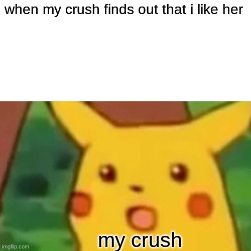 Surprised Pikachu | when my crush finds out that i like her; my crush | image tagged in memes,surprised pikachu | made w/ Imgflip meme maker